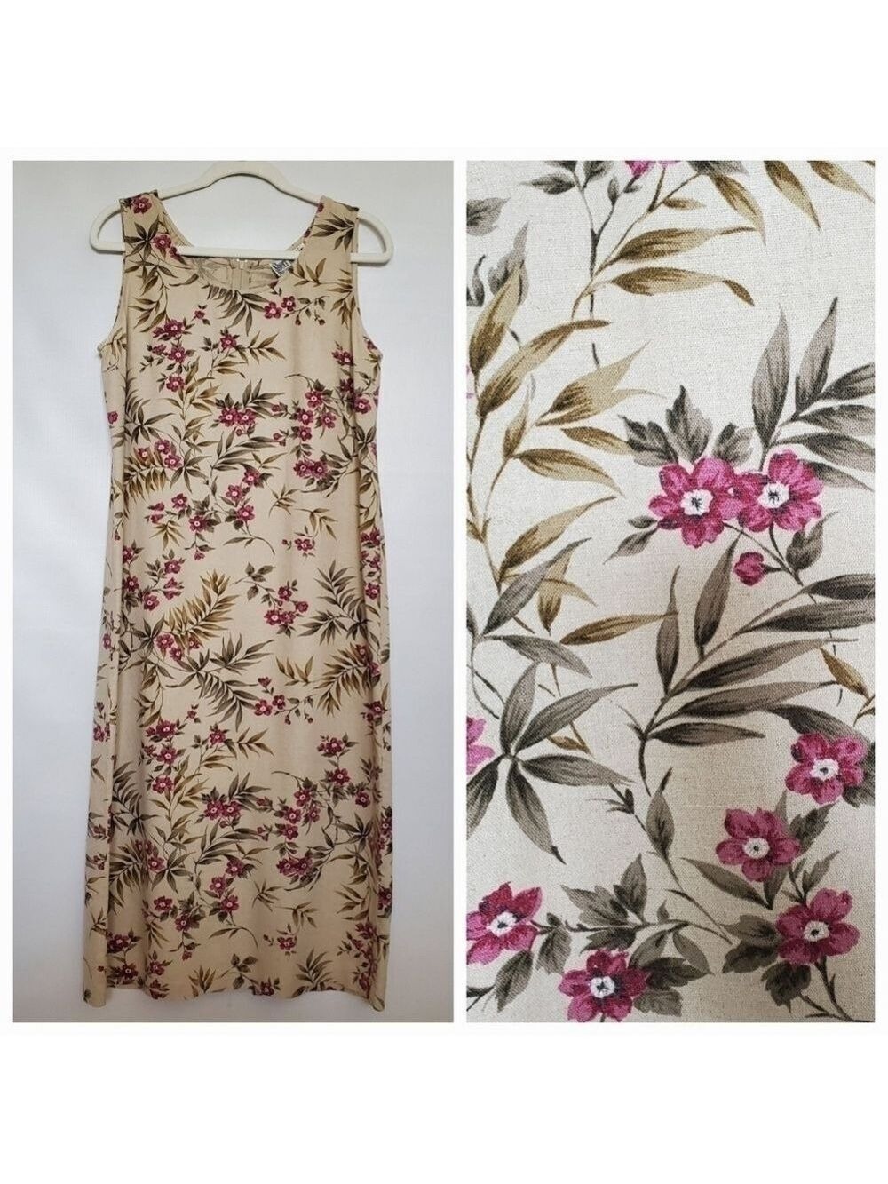 SHERI MARTIN LINEN DRESS WOMEN MAXI SLEEVELESS TAN FLORAL-DESIGN LINEN ( 12P )